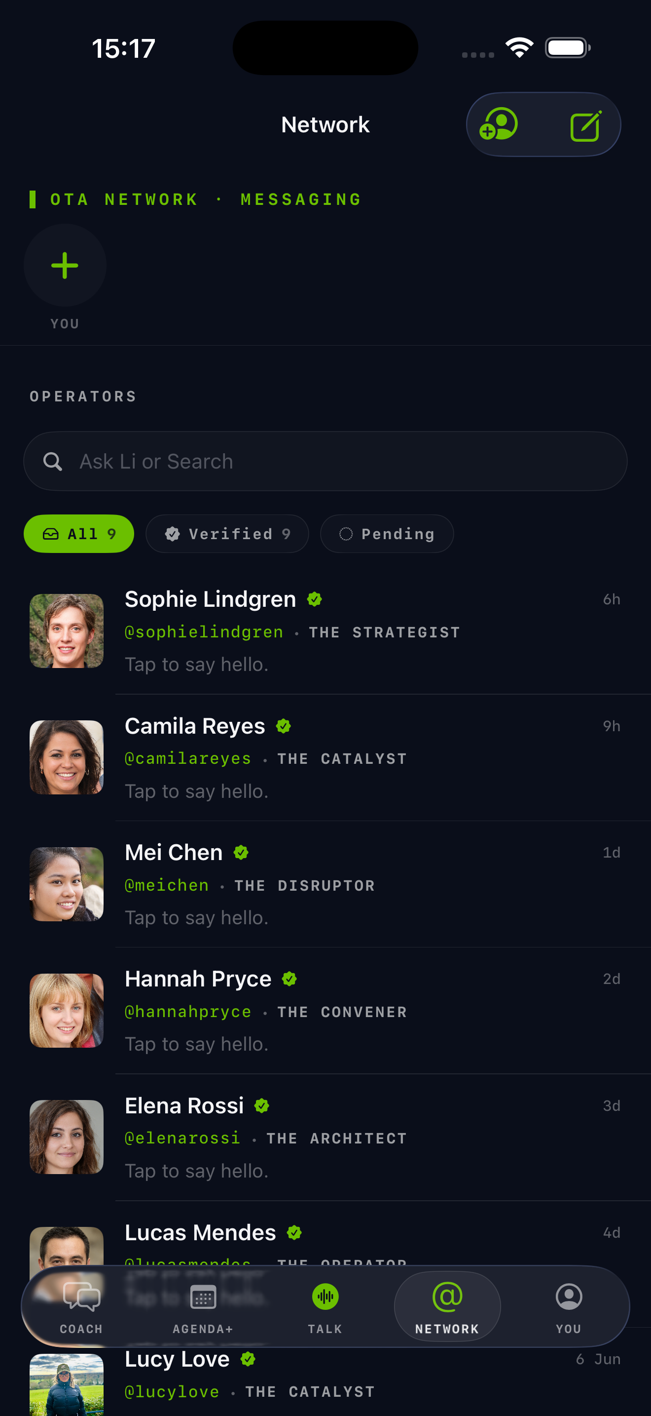 The OTA Network tab: a conversation list of verified operators (Sophie Lindgren, Camila Reyes, Mei Chen, Hannah Pryce, Elena Rossi, Lucas Mendes), each with a green VERIFIED check seal next to their handle.