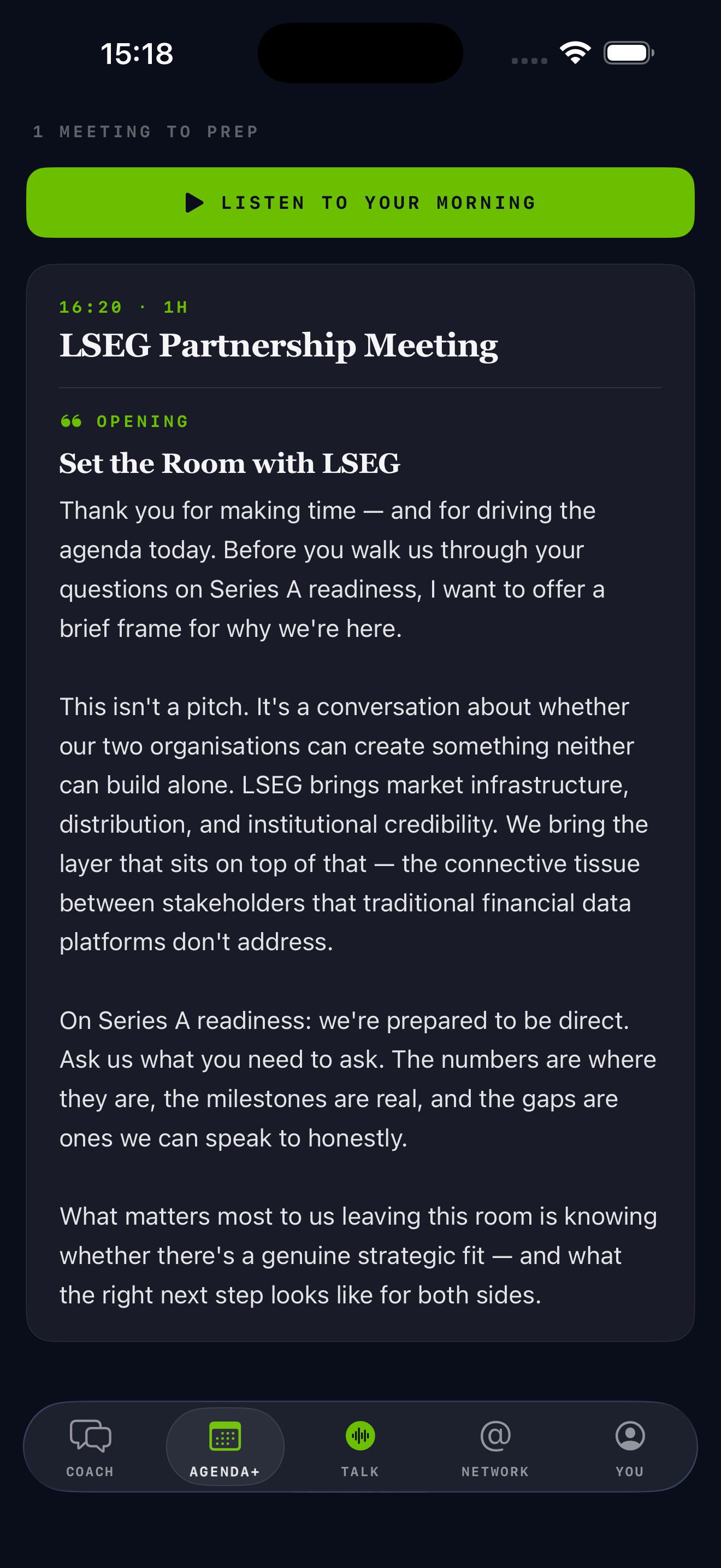 Agenda+ briefing card for the LSEG Partnership Meeting with an OPENING deliverable, LISTEN TO YOUR MORNING button, and editorial prep copy.